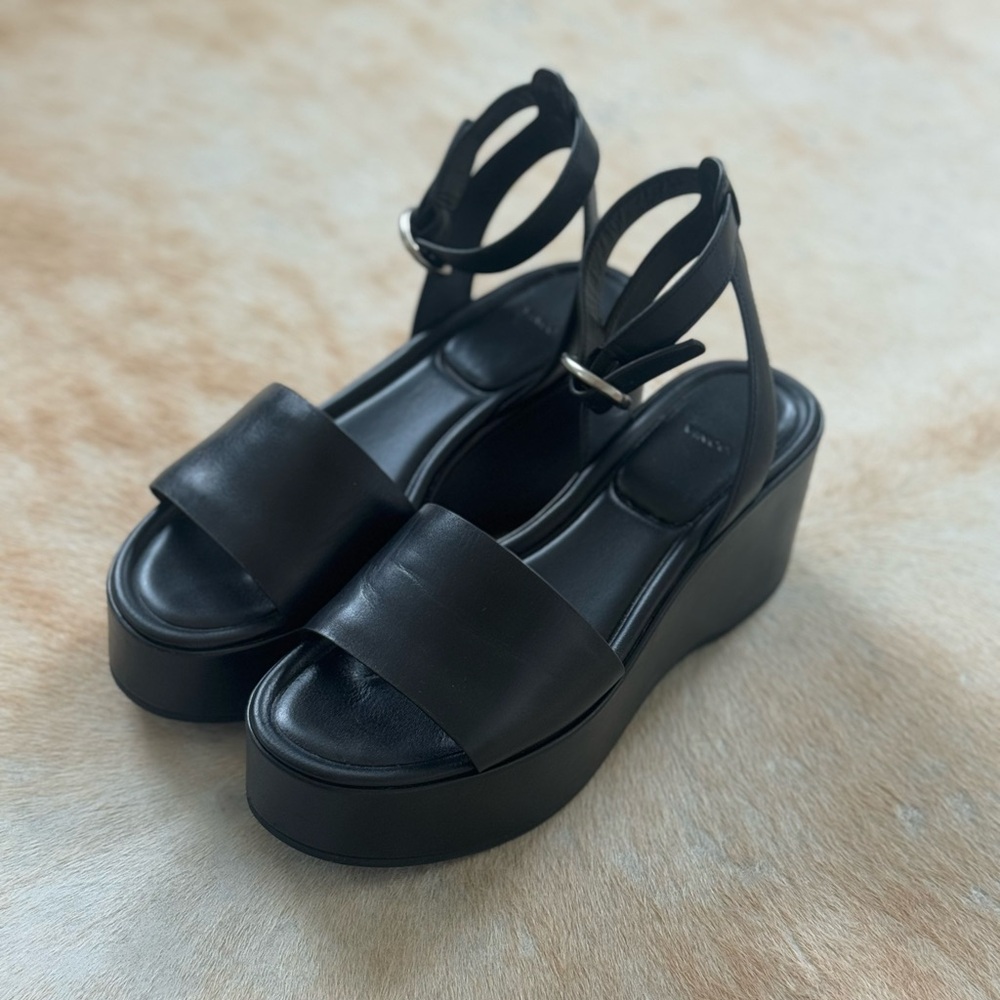 Vince Platform Black Leather Ankle Strap Sandals - Picture 3 of 6